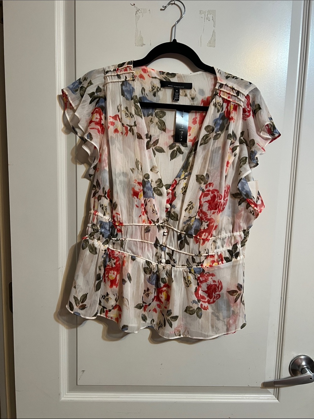 White House Black Market Cream Floral Ruffle Surplice Blouse